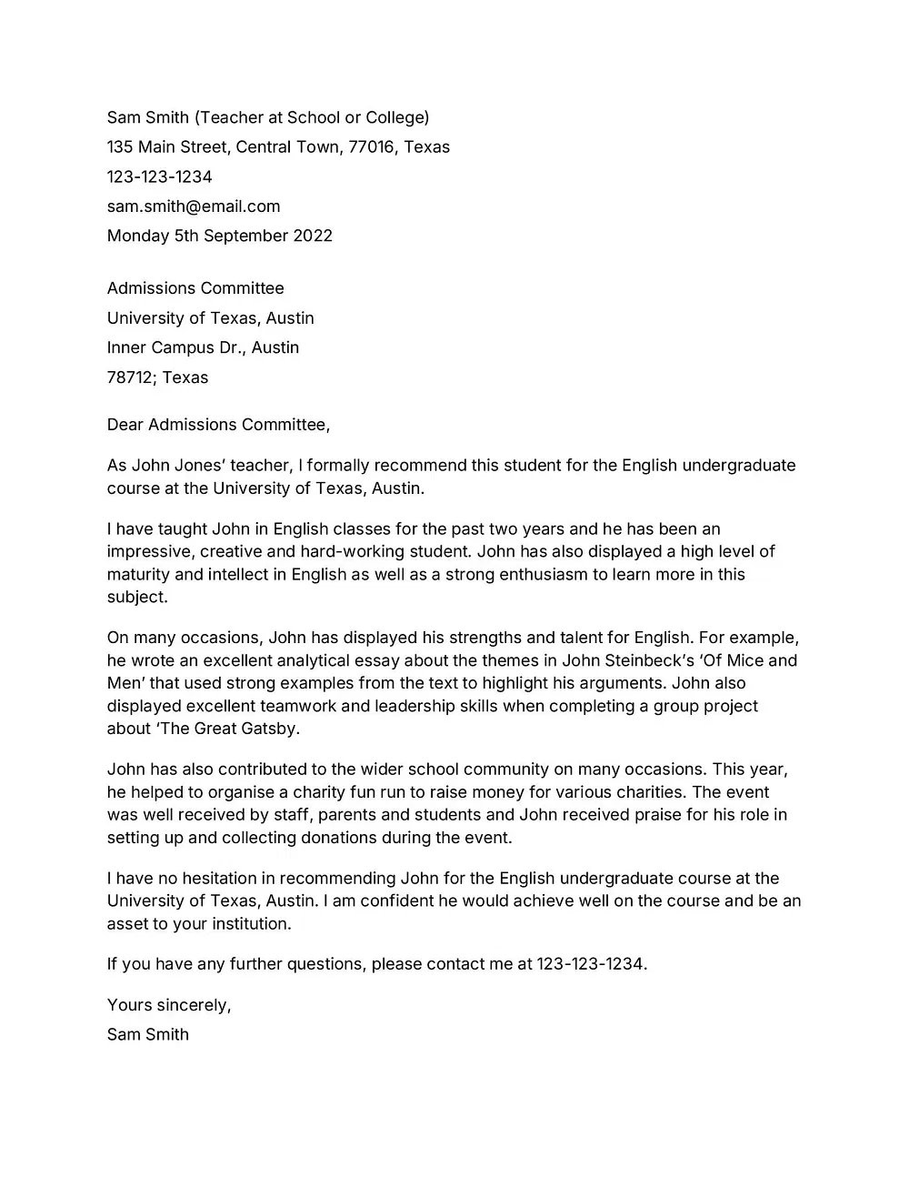 free sample recommendation letter for student